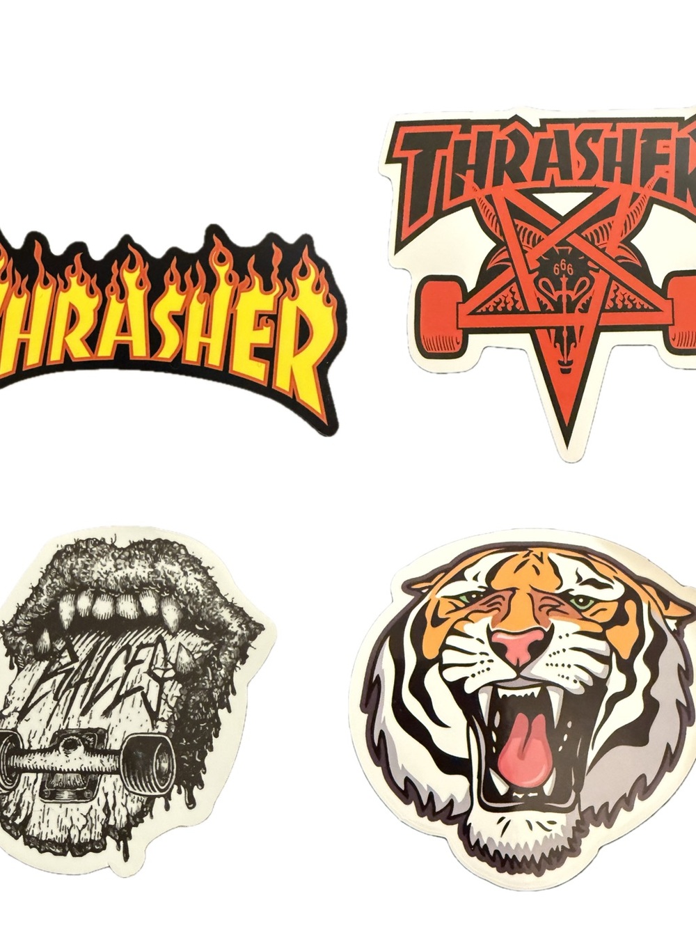 Thrasher Skateboard Sticker Lot Flame Logo Tiger Skull Graphic Decals 4pc